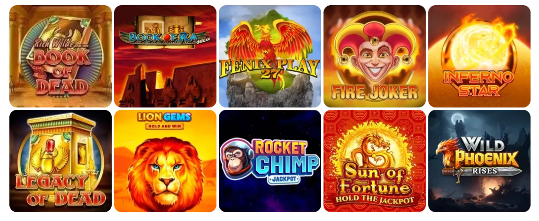 Gry w Beep Beep Casino - Book of Dead, Book of Ra, Fire Joker, Inferno Star, Legacy of Dead, Lion Games, Rocket Chimp, Sun of Fortune, Wild Phoenix